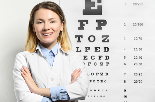 A female optometrist standing in front of a Snellen eye chart