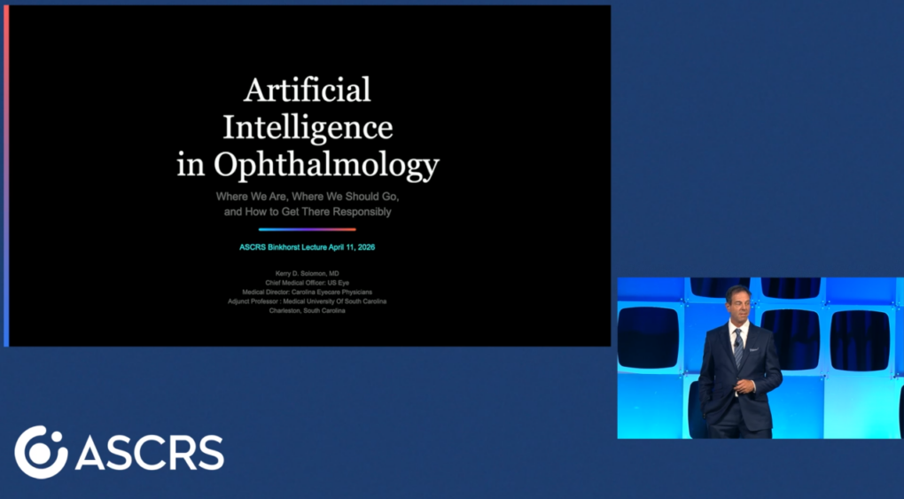 US Eye Chief Medical Officer Dr. Kerry Solomon presenting at the 2026 ASCRS Binkhorst Lecture on AI and surgical innovation.